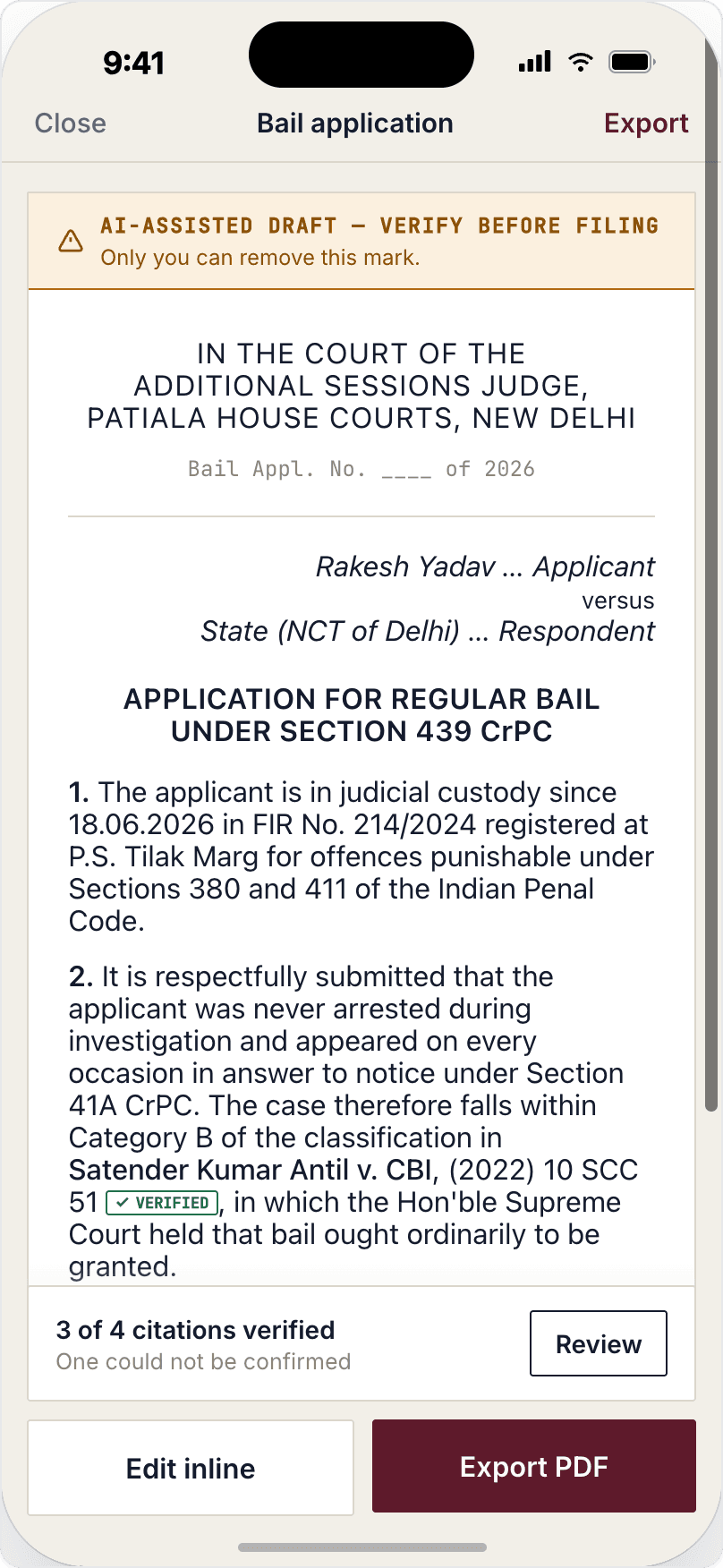 A generated court-format draft in Lawmind, ready for paragraph-level editing before export to Word or PDF.